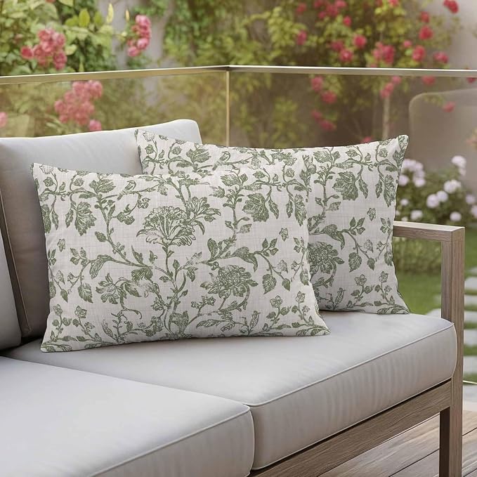 Pastoral Flowers Outdoor Pillow Covers 20"x12" Set of 2, Green Flower Vintage Linen Texture Waterproof Throw Pillow Covers for Patio Furniture, Decorative Cushion Covers for Porch