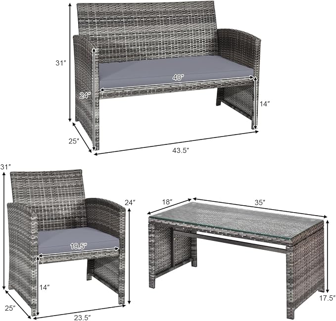 HAPPYGRILL 4 Pieces Rattan Patio Conversation Set with Soft Cushions, Outdoor Furniture Set with PE Wicker Coffee Table & Sofa Chairs for Garden Poolside Porch Backyard
