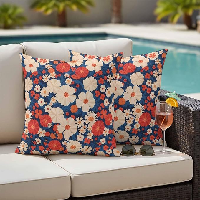 Independence Day Outdoor Waterproof Throw Pillow Covers Set of 2, 16"x16", Red White Daisy Retro 4th of July Decorative Pillow Covers Outside Cushion Case for Patio Porch Garden