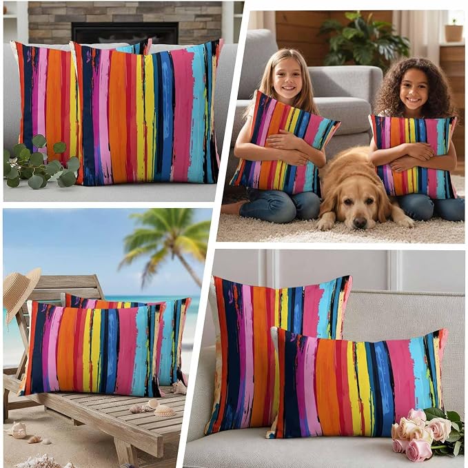 Rainbow Stripe Graffiti Outdoor Pillow Covers Set of 2 Oil Painting Striped Modern Art Waterproof Throw Pillow Cover Decorative Cushion Cases for Patio Porch Garden 16X16 Inch