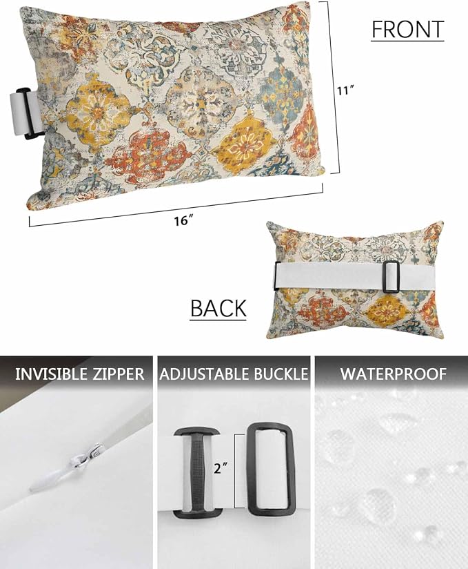 Pack of 2 Outdoor Lumbar Cushions with Inserts, Vintage Morocco Ethnic Boho Country Abstract Art Waterproof Fluffy Fade Body Pillows, Patio Furniture Pillow for Home Balcony Garden Decor 11x16IN
