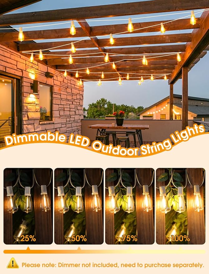 75FT(3x25FT) Outdoor String Lights, Patio Lights with 30+3 LED Dimmable Waterproof Connectable ST38 Bulbs for Gazebo Backyard Christmas, White