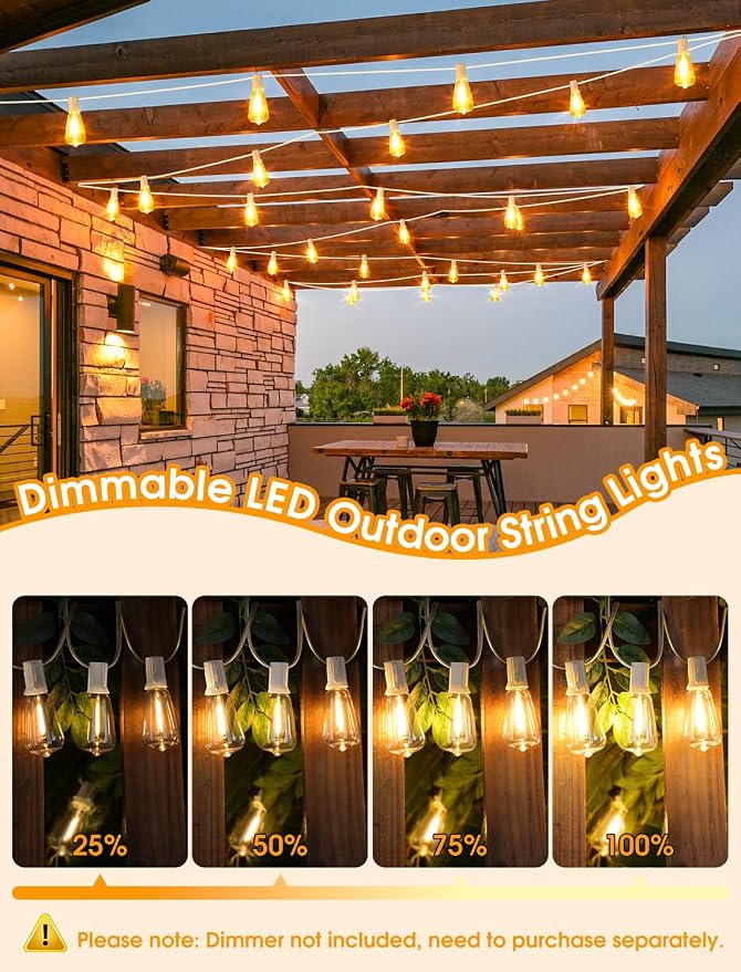 50FT(2x25FT) Outdoor String Lights, Patio Lights with 20+2 LED Dimmable Waterproof ST38 Vintage Bulbs for Wedding Garden Party Decor, White