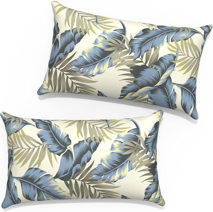 12x20 Inch Lumbae Pillow Covers, Rectangle Waterproof Throw Covers Set of 2, Decorative Patio Furniture Cushion Cases for Porch Garden, Lush Palm Blue