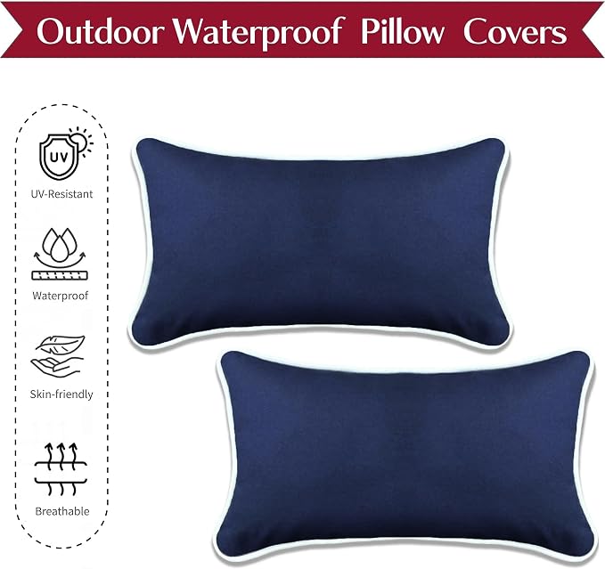 HER HWA Outdoor Lumbar Pillow Covers White Piping 20"x12" Set of 2, Blue | durable fade-resistant water-resistant 100% polyester white piping smooth zipper machine washable for indoor outdoor décor