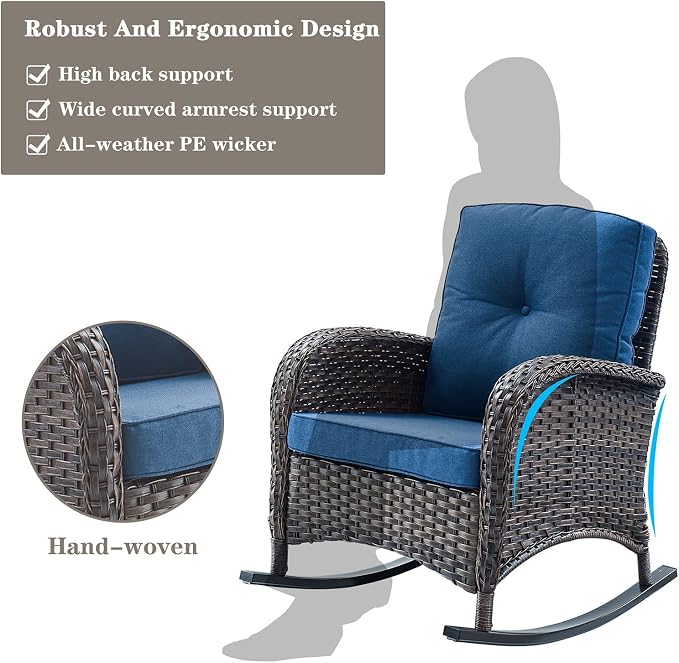 Belord 5 Piece Outdoor Conversation Patio Furniture Set - All-Weather Wicker Patio Rocking Chairs with Loveseat Glider Chair and Coffee Table for Patio Deck Porch Backyard Blue Cushion