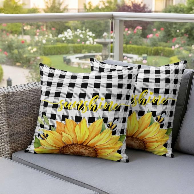 Farm Outdoor Pillow Covers Set of 2,Watercolor Sunflowers Honeybee Decorative Waterproof Throw Pillowcase Yellow Flower Black White Plaid Cotton Linen Soft Cozy Cushion Cover Pillowsham 18x18In