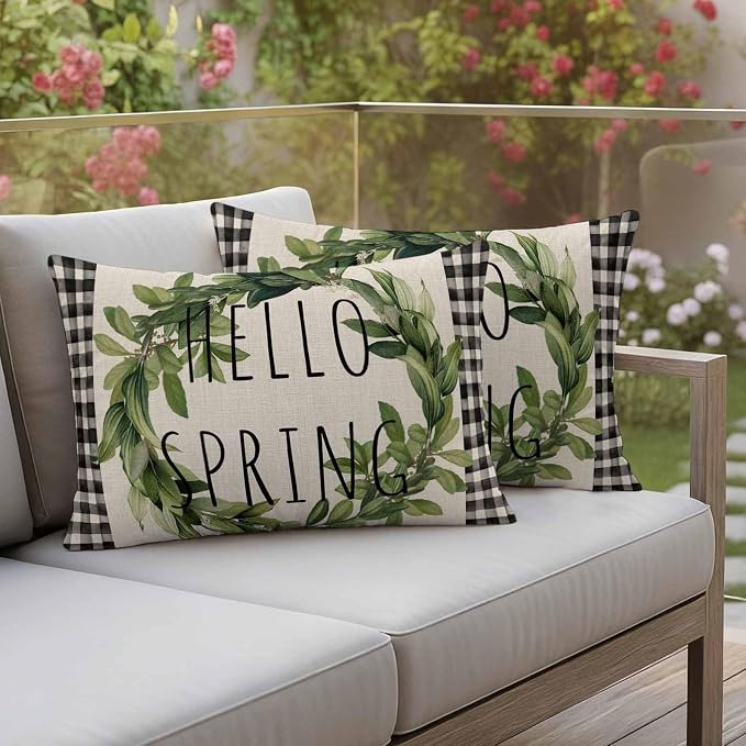 Hello Spring Outdoor Pillow Covers Pack of 2 Green Leaf Plant Black Plaid Vintage Linen Texture Waterproof Throw Pillow Covers Decorative Cushion Cases for Patio Garden Tent Balcony Couch 20x12 inch