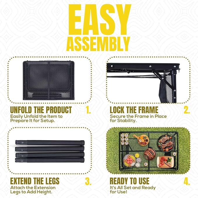 Folding Grill Table with Extension Boards | Portable Camping Table for Beach, BBQ, RV & Tailgating | Heavy Duty Metal Foldable Outdoor Prep Table | Supports 88 lbs, Mesh Design USA