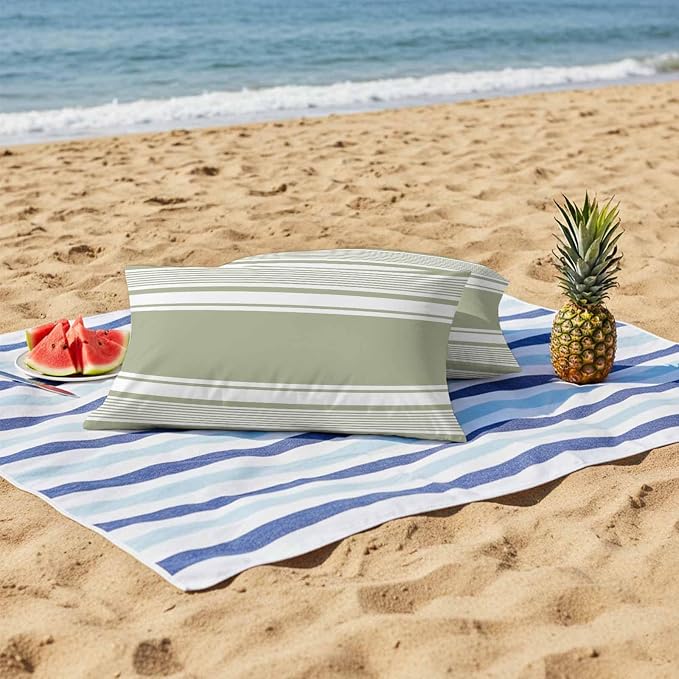 Vandarllin Outdoor Throw Pillows Covers 20x12 inch Set of 2 Waterproof Sage Green Stripes Decorative Zippered Cushion Covers for Patio Furniture, Striped Lines Lumbar Pillowcases