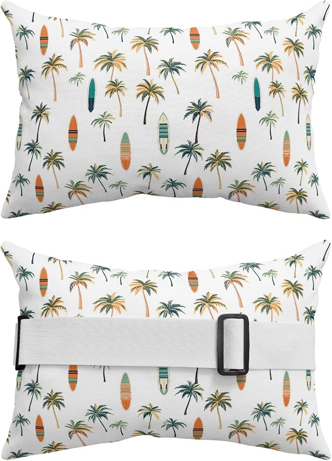 Outdoor Pillows Covers with Inserts Summer Tropical Green Palm Trees with Kayaks Waterproof Recliner Pillow with Adjustable Strap Throw Pillows for Patio Furniture Pool Lounge Chair, 11x16 inch, 2PCS
