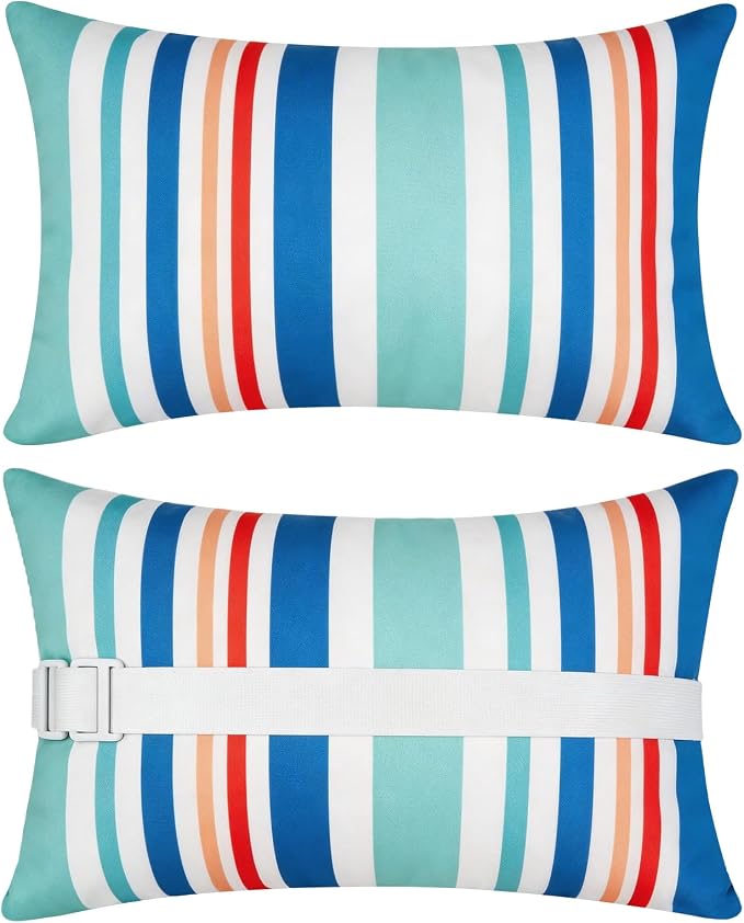 cygnus 2pcs Chaise Lounge Pillow with Strap Outdoor Waterproof Pool Chair Neck Headrest Pillows with Adjustable Elastic Band for Beach Patio Chair Recliner 16 x 11 Inches,Red Striped