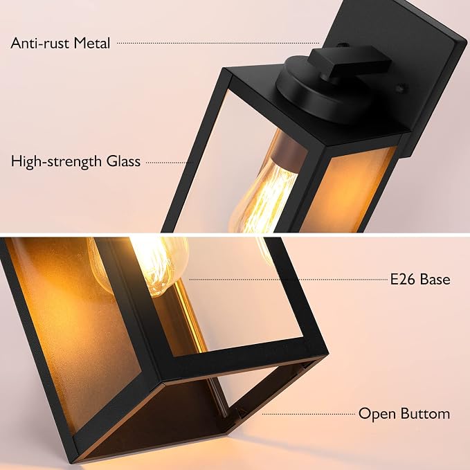BesLowe Outdoor Wall Light Fixture, Modern Outside Porch Sconce, Black | Waterproof, Rust-Resistant, Durable Metal with Clear Glass, Standard E26 Socket, Easy to Install