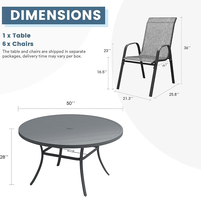DIFY 7 Piece Outdoor Dining Set, 50" Round Metal Patio Table and Textilene Stackable Chairs for 6, All Weather Patio Furniture Set with Umbrella Hole for Backyard Garden Deck, Grey