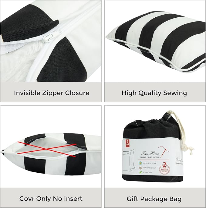 Waterproof Outdoor Lumbar Pillow Covers Set of 2,Home Decor for Garden Patio Furniture,Couch,Sofa 12"x20" Inch Decorative Pillows Cover Only,NO Insert(Black White)