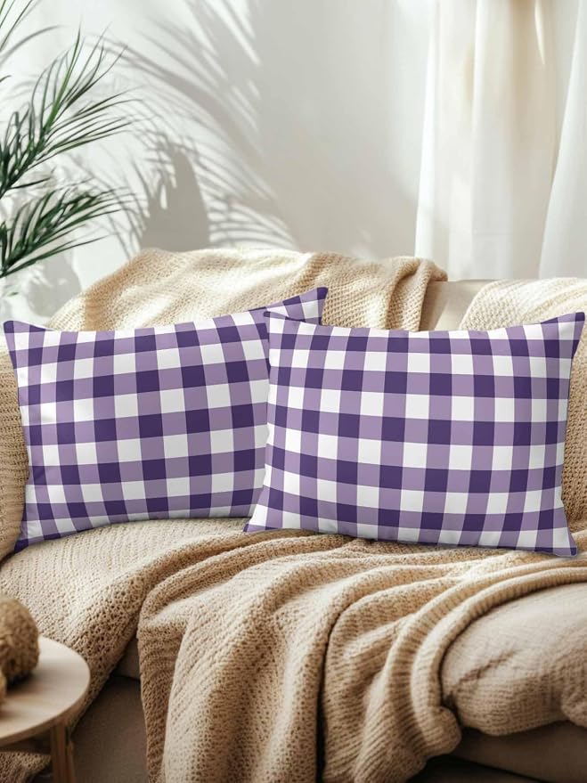 Waterproof Outdoor Pillow Set of 2 Purple Buffalo Plaid Decorative Throw Pillows Cover & Insert 20x12 Inch Lumbar Pillowcase Check Lines Pillows for Couch Sofa Bed Patio Furniture Indoor Outdoor