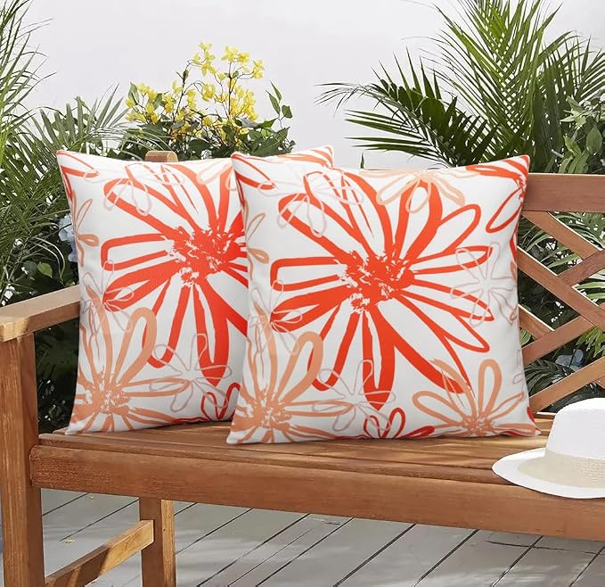 Pyonic Outdoor Waterproof Pillow Covers Pack of 2 Dahlia Water Resistant Decorative Outdoor Pillow Covers 18x18 inch Square Patio Pillows for Funiture Garden,Orange