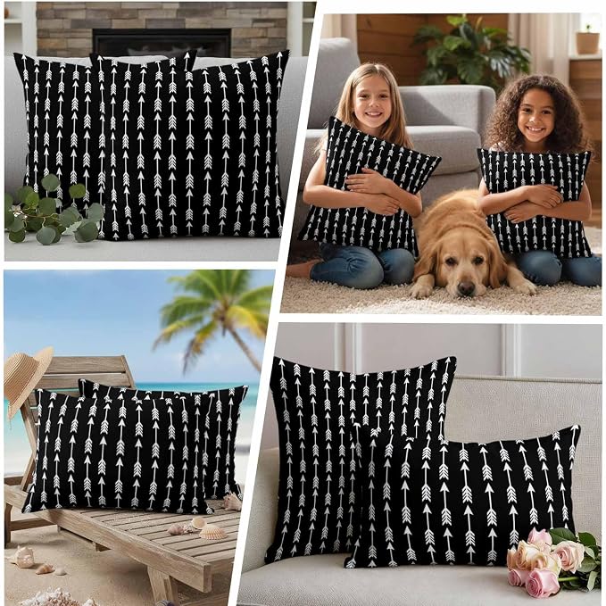 Arrow Outdoor Pillow Covers 24"x24" Set of 2, Abstract Rustic Western Tribal Geometric Arrow Black Waterproof Throw Pillow Covers for Patio Furniture, Decorative Cushion Covers for Porch