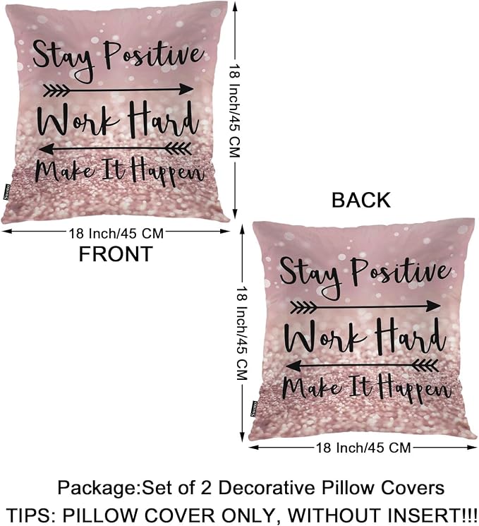 Swono Quote Set of 2 Square 18x18 Inch Throw Pillow Cover Stay Positive Work Hard Make It Happen Soft Pillowcases Arrow Cushion Covers for Home Sofa Couch Garden Bench Living Room Car Glitter Pink