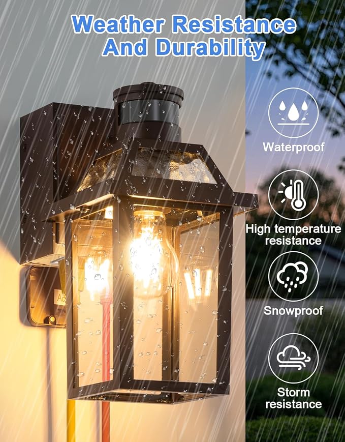 Porch Light with GFCI Outlet and Remote, Motion Sensor, Brown, 2 Pack | Dusk to Dawn Motion Sensor Outdoor Light 4 Lighting Modes Exterior Fixture Outside Lights for Porch Garage House