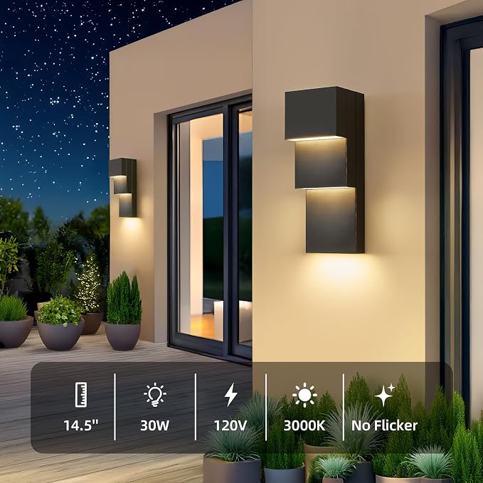 Modern LED Outdoor Wall Sconce 30W Exterior Lighting Fixtures, Black Outside Lights for House Integrated LED Outdoor Wall Mount Lights for Front Porch Garage, Warm White 3000K, 1 Pack