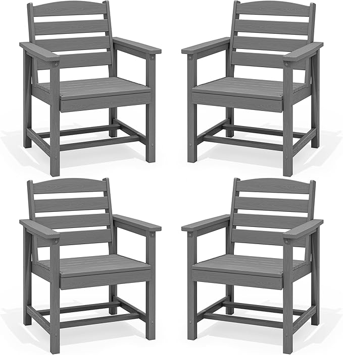 SERWALL Outdoor Dining Chairs Set of 4 with Arms, All-Weather HDPE Patio Chair with 19.7" Widened Seat, for Backyard, Garden, Gray