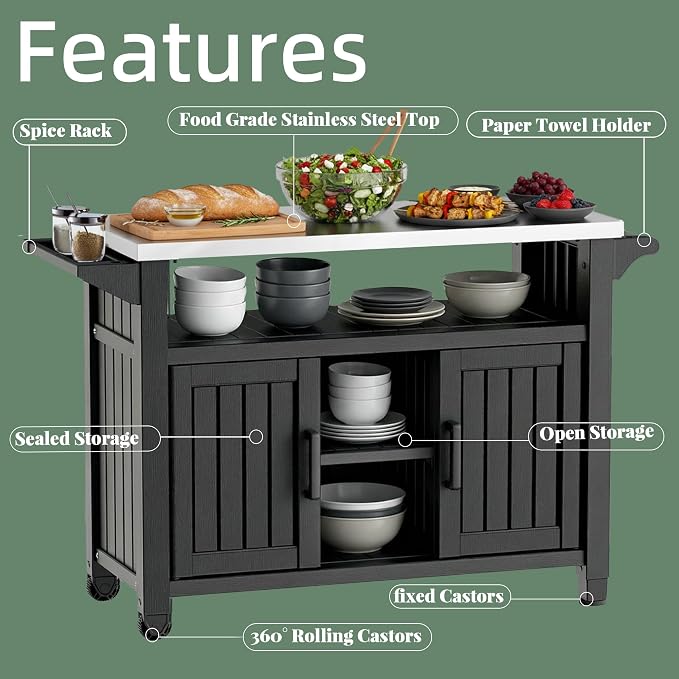 EFU Outdoor Bar Cart, Kitchen Island with Storage Cabinet & Stainless Steel Top, Outdoor Grill Table for Food Prep, Drinks, Snacks, and Cooking, Grill Cart for Parties, Pool, BBQ