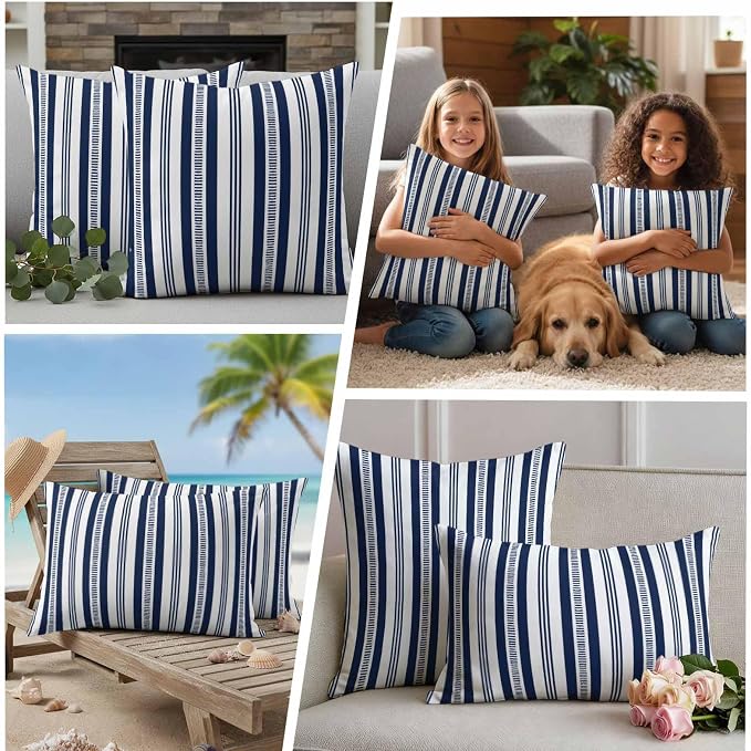 Navy Blue Striped Outdoor Waterproof Pillow Covers, Farmhouse Stripes Modern Geometric Decorative Square Throw Pillowcase Sofa Cushion Sham for Patio/Couch/Chair, 24"x24" 2 Pack