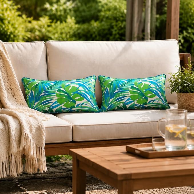 13 x 20 Inch Outdoor Lumbar Pillow with Insert Set of 2, Decorative Piping Edge Waterproof Fade Resistant Fluffy Throw Pillows for Patio Furniture Chair Bench Couch - Green Palm Leaves