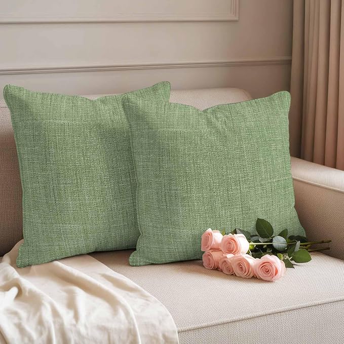 Outdoor Waterproof Throw Pillow Covers Set of 2 Sage Green Linen Pillowcases 18x18 Inches Farmhouse Pure Color Decorative Pillows Cushion Case Patio Pillows for Couch Bed Chair Garden