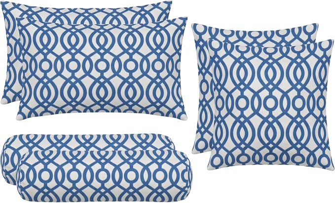 RSH DECOR: 6-Pack Pillow Set | Water & Fade-Resistant | 17" Square, 20" x 12" Lumbar, 20" x 6" Neck Roll Pillows | Outdoor Pillows for Patio Furniture | Made in USA (Capilla Blue)