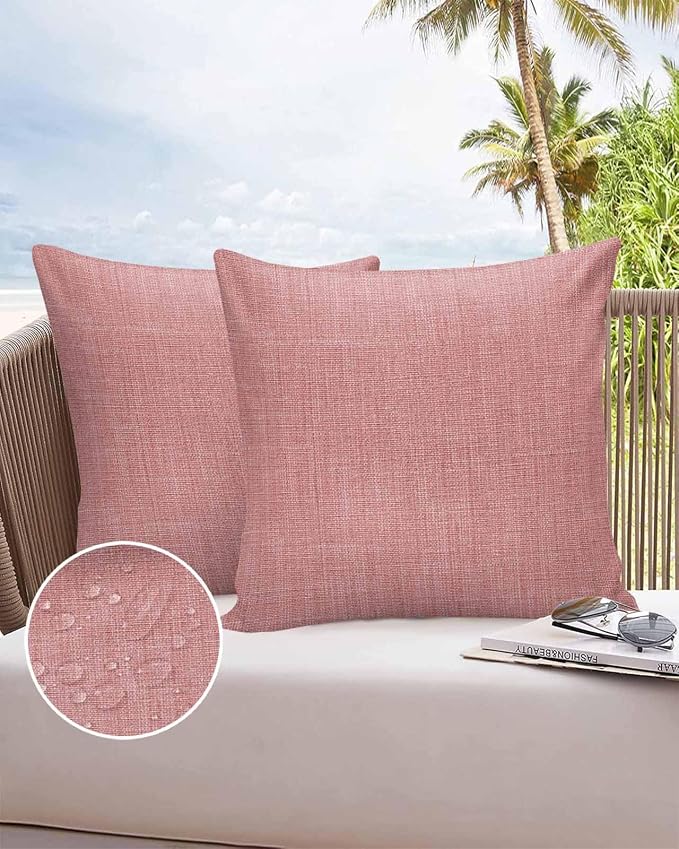 Vandarllin Outdoor Throw Pillows Covers 24x24 inch Set of 2 Waterproof Peach Pink Linen Decorative Zippered Cushion Covers for Patio Furniture, Farmhouse Pure Color Lumbar Pillowcases