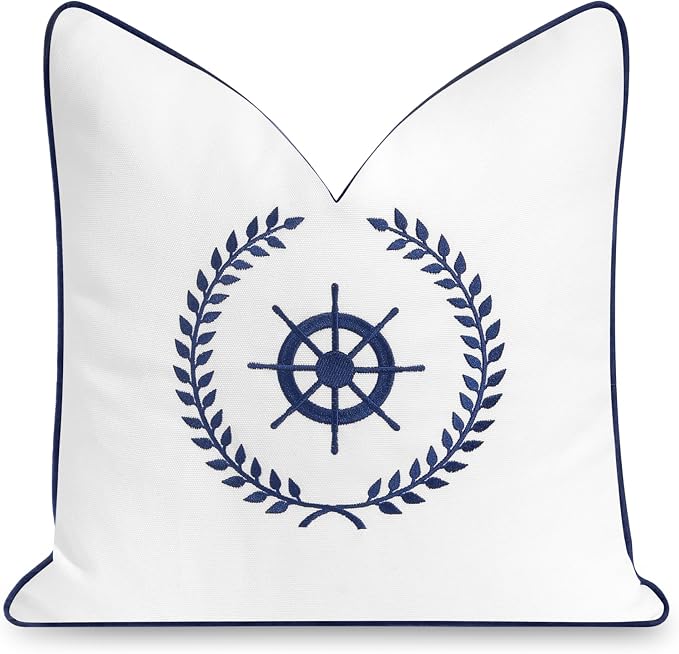 Hofdeco Premium Coastal Patio Indoor Outdoor Throw Pillow Cover Only, 18"x18" Water Repellent for Backyard, Couch, White Embroidered Nautical Yacht Wheel