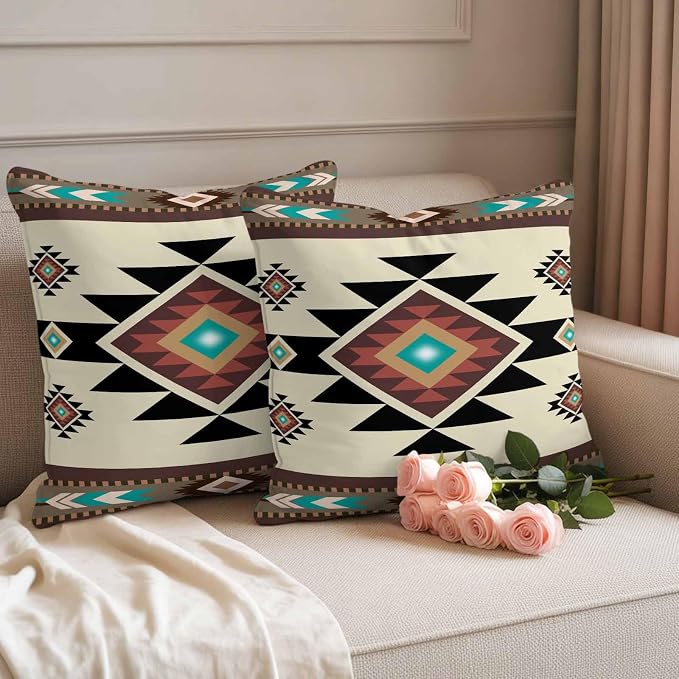 Southwest Geometric Waterproof Outdoor Pillow Covers 20''x20'' Set of 2, Brown Mexican Aztec Boho Tribal Patio Furniture Cushion Covers for Chairs, Decorative Pillow Cases for Garden/Pool/Beach