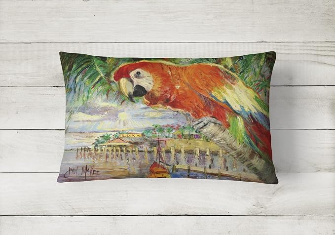 Caroline's Treasures JMK1134PW1216 Red Parrot at Lulu's Canvas Fabric Decorative Pillow Machine Washable, Indoor Outdoor Decorative Pillow for Couch, Bed or Patio, 12HX16W