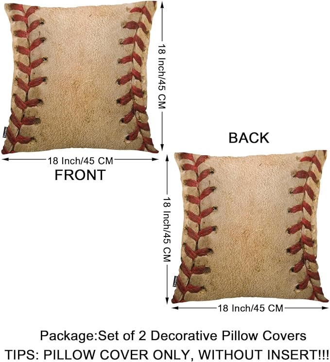 Swono Pillow Covers 18X18 Inch Set of 2 Baseball Throw Pillow Cases Sport Leather Baseball Worn Ball Pillowcase Cushion Cover Decorative for Indoor Outdoor Home Sofa Bedroom Livingroom, Brown