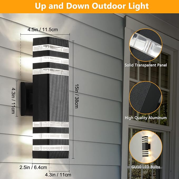 6 Pack Up and Down Outdoor Wall Lights, 3-layer Black Modern Exterior Light Fixture Wall Mount Outside Light for House, IP65 Waterproof Aluminum Outdoor Wall Sconces for Garage Porch Patio,3000K