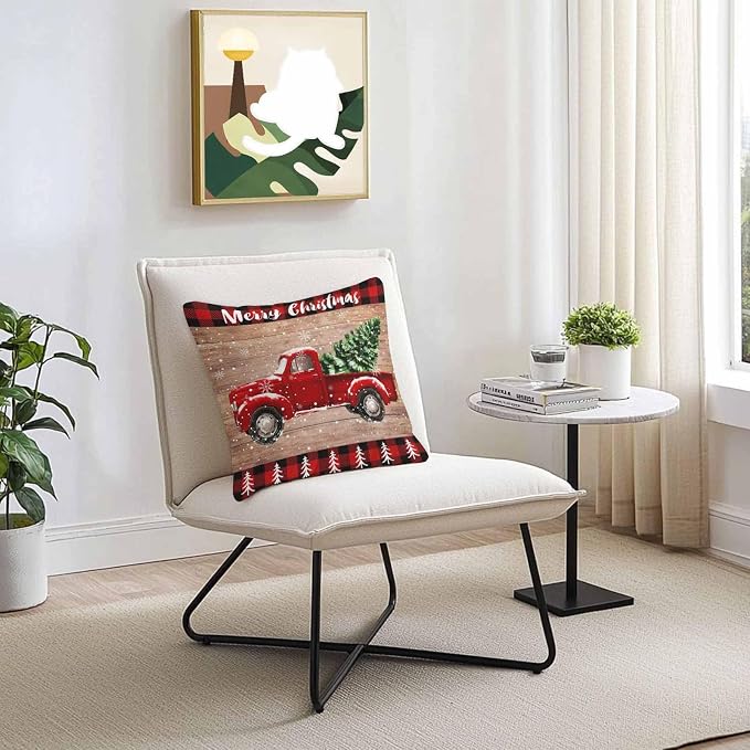 YOKOU Outdoor Throw Pillow Covers, Merry Christmas Truck Tree Vintage Board Wood Grain Buffalo Check Waterproof Pillowcases Cushion Covers Cases for Patio Couch Bench, Pack of 2 Square, 16"X16"