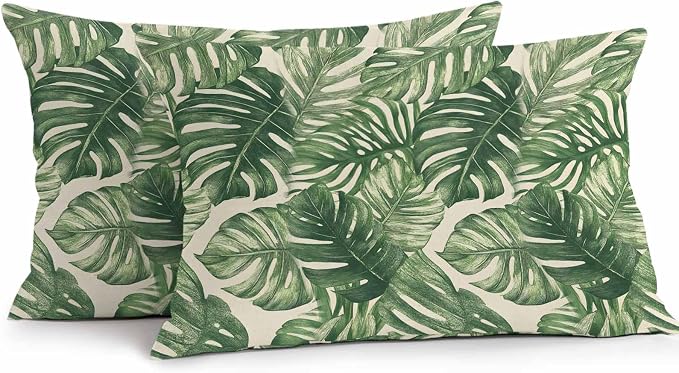 Green Tropical Leaves Waterproof Outdoor Pillow Covers Set of 2 Home Decor, Farmhouse Summer Leaf Plants Pillowcase Patio Pillow Covers for Couch Bench Furniture Garden 20x12in