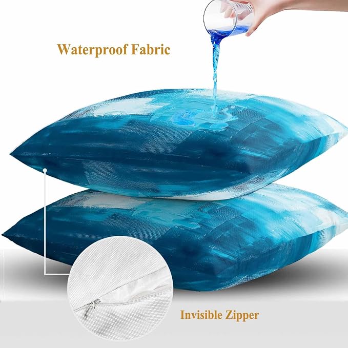 Blue Outdoor Waterproof Throw Pillow Covers Set of 2, 18"x18", Abstract Oil Painting Decorative Pillow Covers Outside Cushion Case for Patio Porch Garden