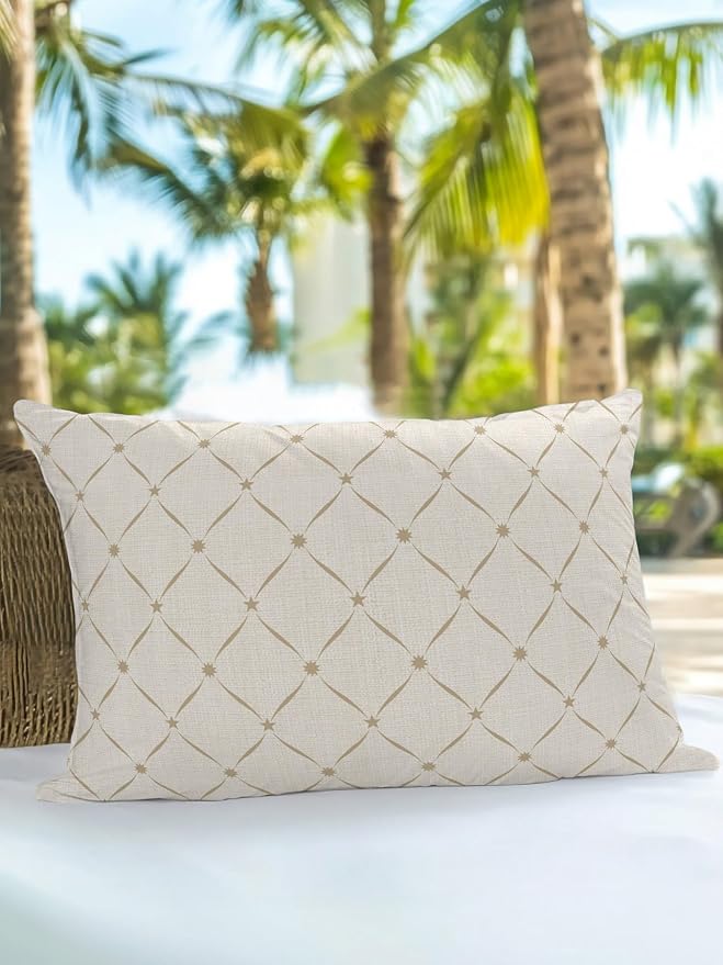 Vandarllin Waterproof Outdoor Pillow 1 Pack Beige Grid Plaid Decorative Throw Pillows Cover & Insert 20x12 Inch Lumbar Pillowcase Diagonally Crossed Lines Pillows for Couch Sofa Bed Patio Furniture