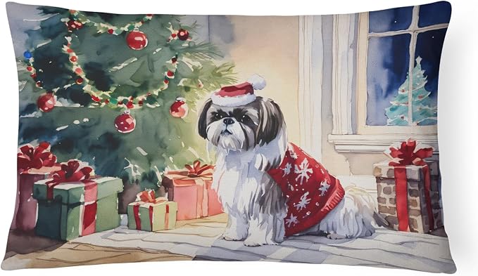 Caroline's Treasures DAC2752PW1216 Shih Tzu Cozy Christmas Throw Pillow Machine Washable, Indoor Outdoor Decorative Pillow for Couch, Bed or Patio, 12HX16W