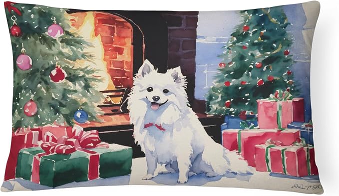 Caroline's Treasures DAC2686PW1216 Japanese Spitz Cozy Christmas Throw Pillow Machine Washable, Indoor Outdoor Decorative Pillow for Couch, Bed or Patio, 12HX16W