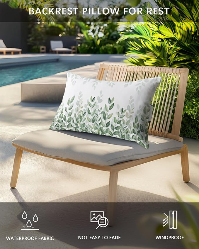 Outdoor Pillows Waterproof Covers Set of 2, Green Eucalyptus Leaf Adjustable Elastic Chaise Lounge Headrest Pillow Covers, Watercolor Leaves Lumbar Pillow for Pool Beach Patio Furniture 11x16 Inch