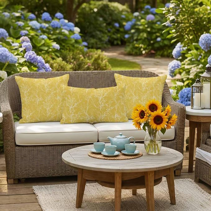 Yellow Branches Waterproof Outdoor Pillow Covers Set of 2 Home Decor, Abstract Art Leaves Plant Pillowcase Patio Pillow Covers for Couch Bench Patio Furniture Garden 18x18in
