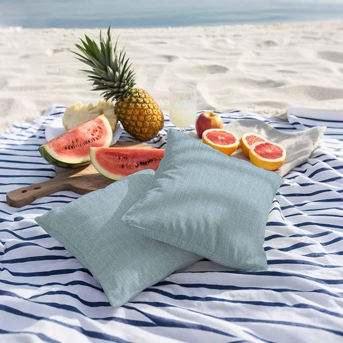 Outdoor Waterproof Throw Pillow Covers Set of 2 Blue Linen Pillowcases 20x20 Inches Farmhouse Pure Color Decorative Pillows Cushion Case Patio Pillows for Couch Bed Chair Garden