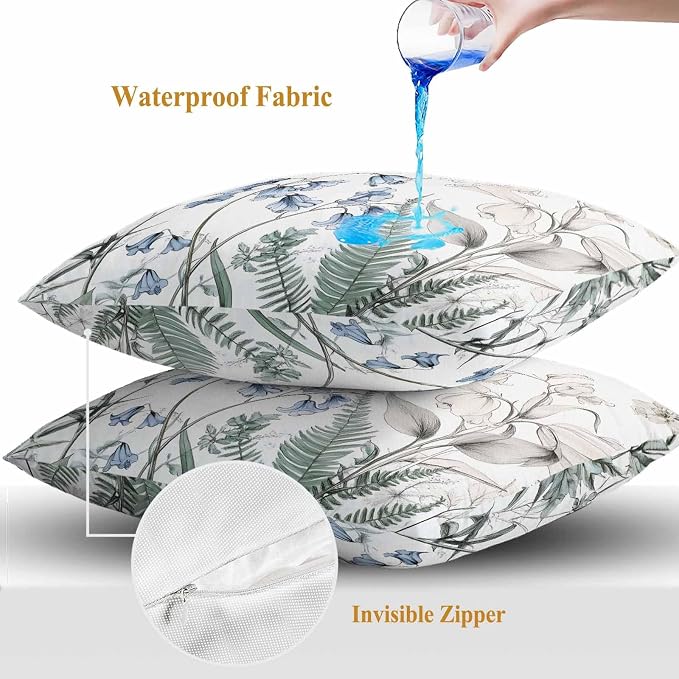 Throw Pillow Covers 20x20 Inch Set of 2, Blue Beige Floral Waterproof Outdoor Pillow Covers, Farmhouse Botanical Decorative Cushion Pillowcases for Couch, Sofa, Bed, Garden, Patio