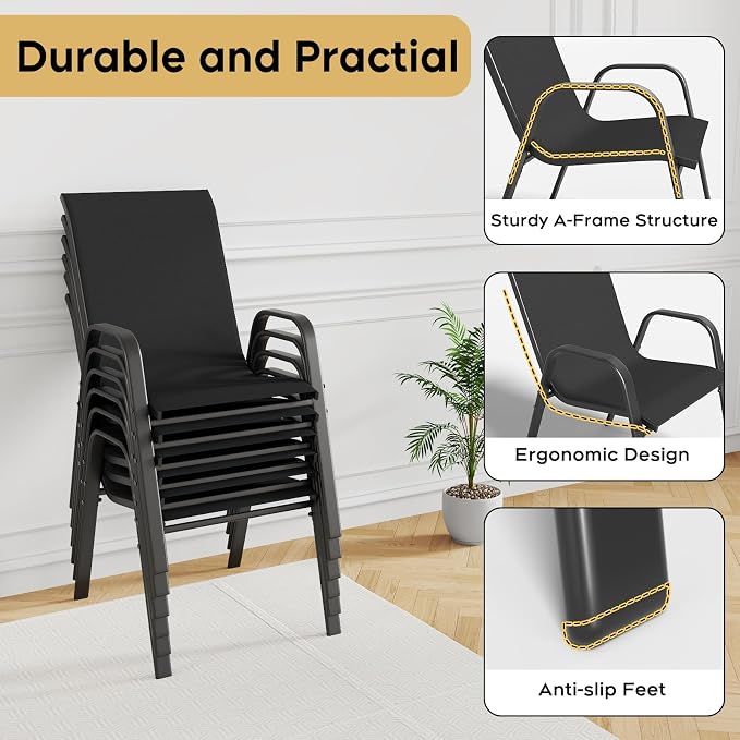 Outdoor Patio Dining Set for 6, 7 Pieces Patio Table and Chairs Set with Umbrella Hole, 47"x 47" Round Metal Wood-Grain Dining Table Set with 6 Stackable Patio Chairs for Deck , Backyard, Porch