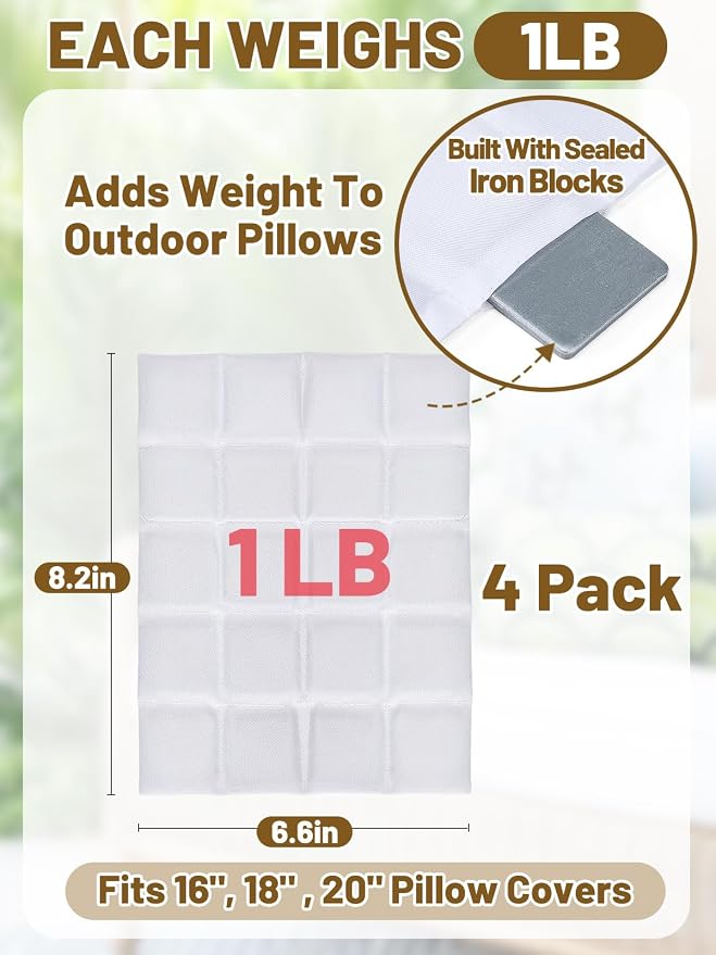 Apipi 4 Pack Wind Resistant Weighted Pillow Inserts for Outdoor, 1lb Each | Hidden Weighted Inserts, Help Keep Pillows in Place, Easy to Install & Remove for Windy Patios, Beach, Desert, 8" x 7"