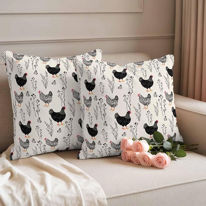 Beige Farm Chicken Outdoor Pillow Covers 16"x16" Set of 2, Country Farmhouse Black White Rooster Flower Leaf Waterproof Throw Pillow Covers for Patio Furniture, Decorative Cushion Covers for Porch